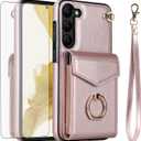 Asuwish Phone Case for Samsung Galaxy S23 5G Wallet Cover with Tempered Glass Screen Protector and Ring Stand Credit Card Holder Leather Wrist Strap Cell Accessories S 23 23S G5 Women Men Rose Gold