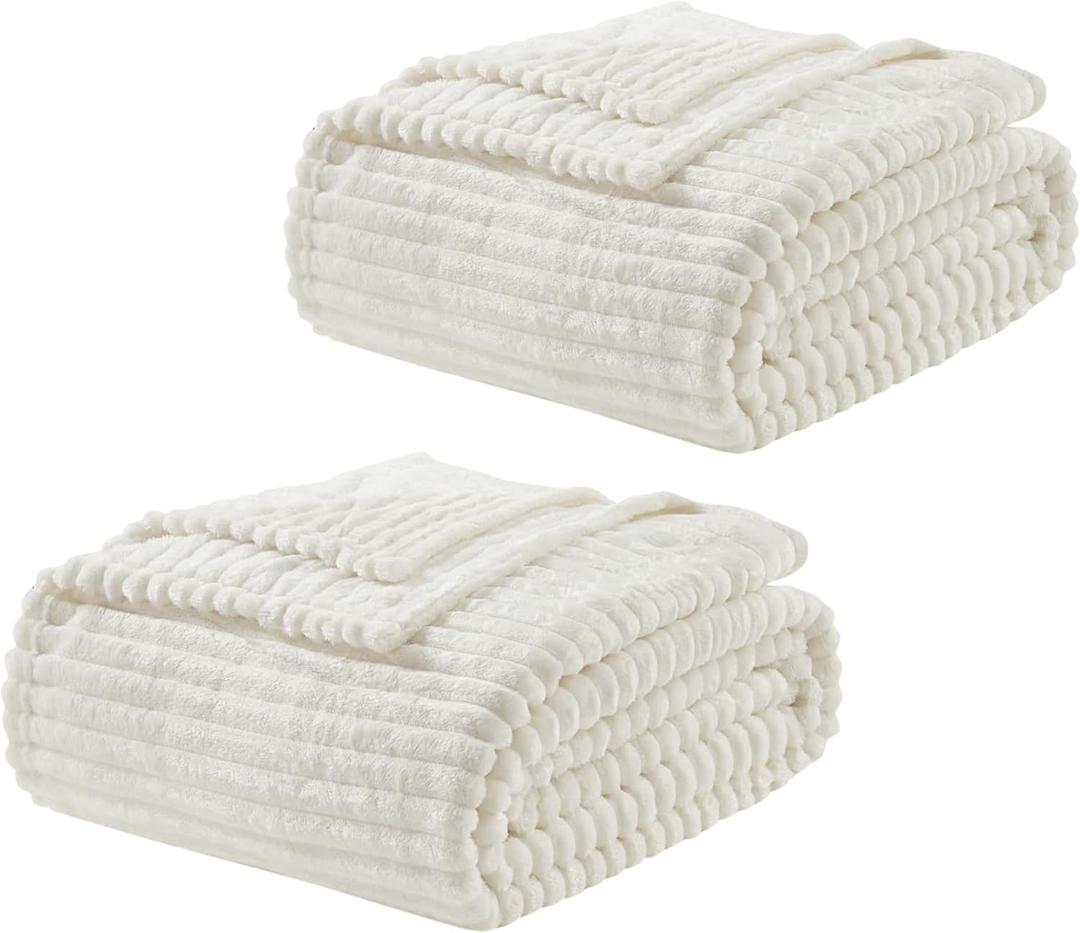 Nestl White Throw Blanket for Couch - Cozy Warm Fuzzy Blankets for Women, Set of 2 Small Fleece Throws for Girls - Off White, 50 x 60 Inches
