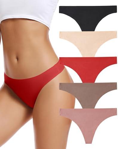 voenxe Seamless Women Underwear Thongs, No Show Ladies Thong, No Line Workout Breathable Comfortable Panties, Soft Undies, 5-Pack, Size: M