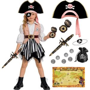 G.C Girls Pirate Costume 10Pcs Set , Kids Halloween Dress Up with Hat Treasure Map, Birthday Party Role Play Outfit, 140(9-10Y)