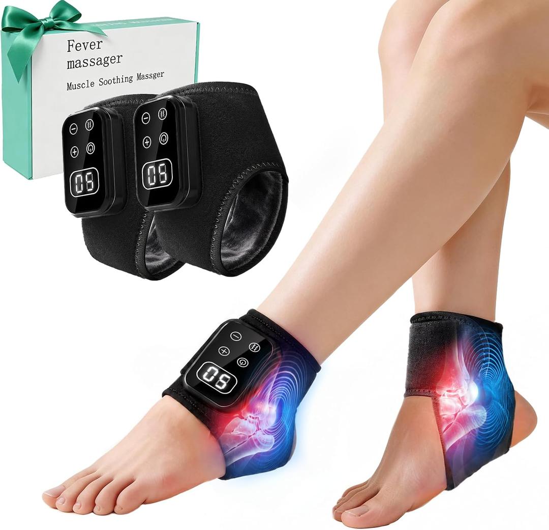 Foot Renew Massager for Neuropathy,4-in-1 Cordless & Portable Foot and Ankle Massager for Heel Warming Heating Pad Heated Brace Wrap With 5 Vibration Modes,4 Heat Levels,Portable for Home,2pcs,Black