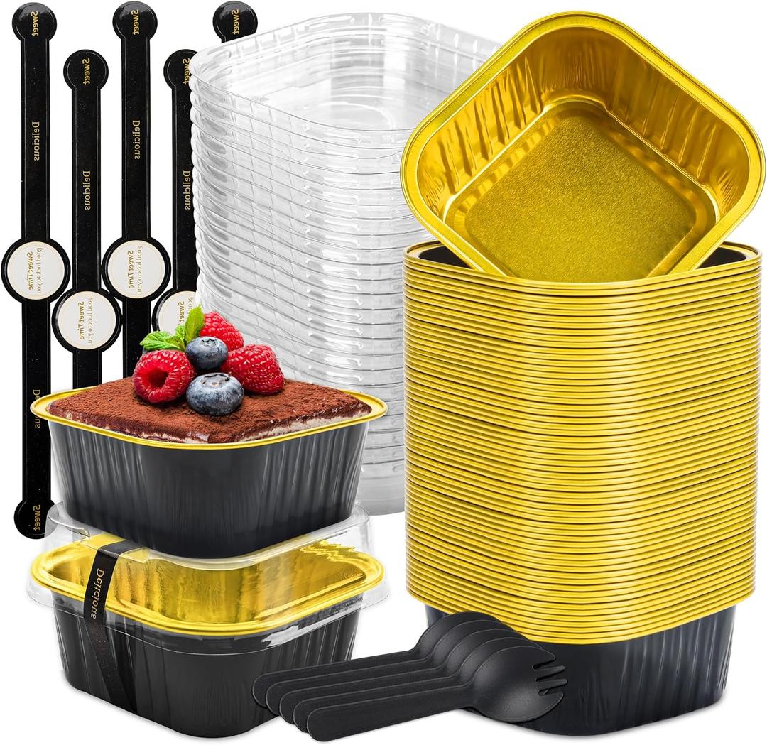50 Pack Mini Cake Pans with Lids and Spoons Small Aluminum Foil Pans Square Baking Cups Disposable Ramekins Cupcake Liners for Brownie Pie (Black Gold, 5 oz)