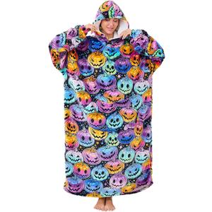 Moinlizy Wearable Blanket Hoodie, Long Thick Hooded Blanket Oversized for Adults Women Men with Pocket and Sleeves (Colorful Pumpkin)
