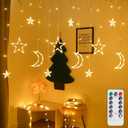 Lemical Star Moon Curtain Lights 11.5ft Battery Powered Remote Control LED Fairy Light Strings,8 Flashing Modes Waterproof Decorative Lights for Christmas, Party, Bedroom Decorations(Warm White)