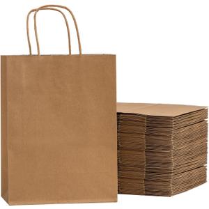 RACETOP Brown Paper Bags with Handles Bulk 100Pcs 8x4.5x10.8 Inch Gift Bags Bulk, Brown Kraft Paper Bags for Retail, Party, Shopping, Favor