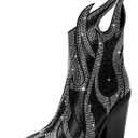 Feinlina Women's Rhinestone Flame Pointed Toe Block Chunky Heeled Boots Fashion Sparkly Cowboy Ankle Booties (6, Black)