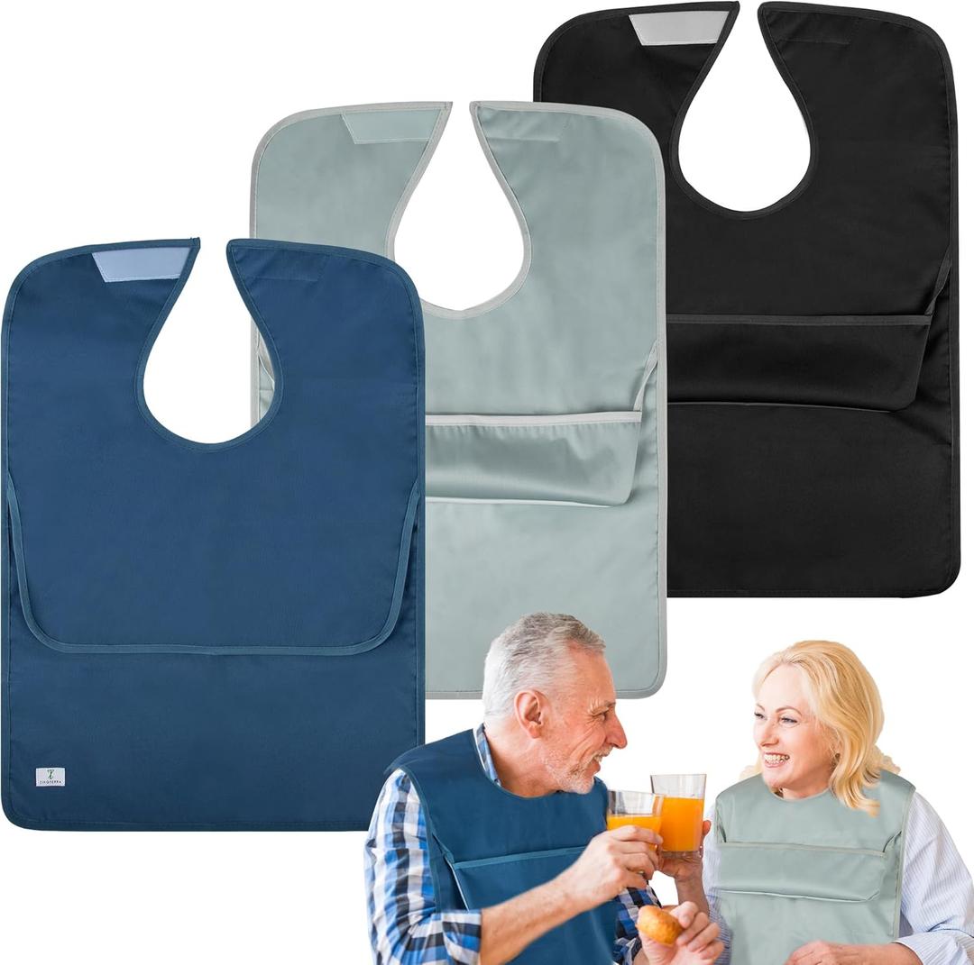 3Pack Adult Bibs with Crumb Catcher,Bibs for Eating,Waterproof Washable Men Clothing Protectors,Reusable Large Feeding Bib for Women Elderly Seniors (Solid Black Grey Blue)