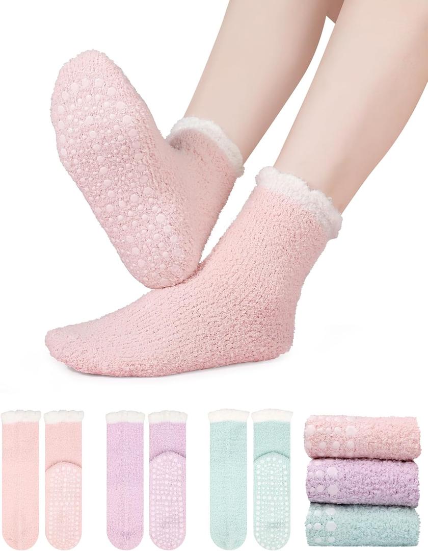 3 Pairs Slipper Fuzzy Socks for Women, Grippy Socks, Christmas Gifts & Stocking Stuffers, Warm Winter Gift (Non-slip Pink-purple-green)