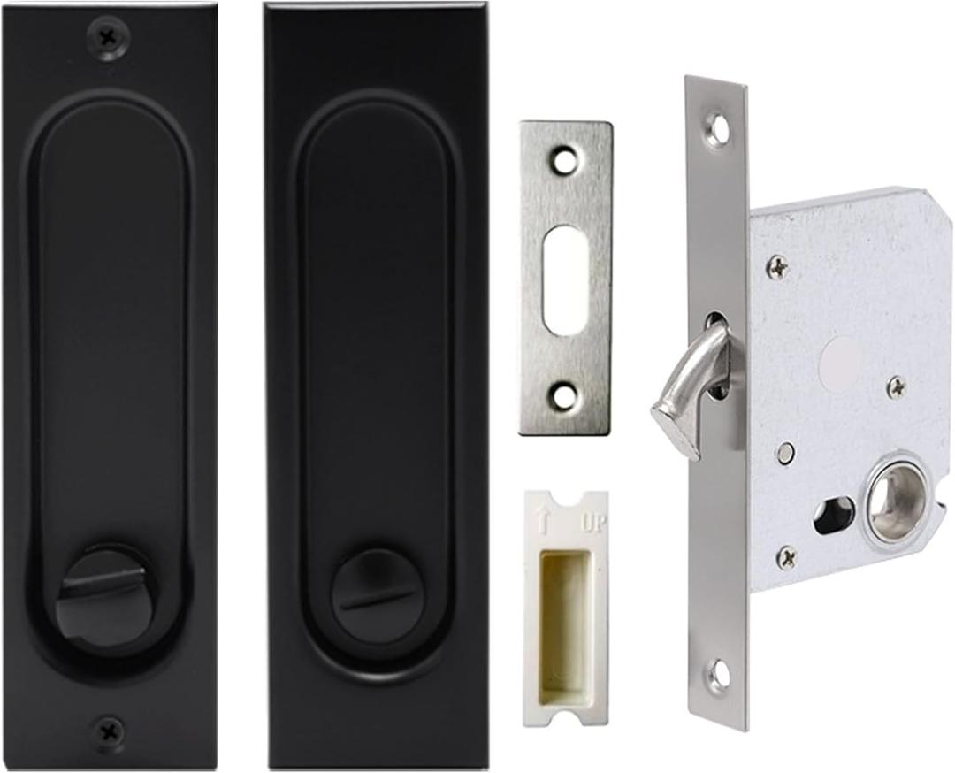 Rectangle Pocket Door Lock, 304 Stainless Steel Privacy Pocket Door Hardware, 5 7/10 inch*1 7/10inch Matte Black Sliding Pocket Door Handle,for 1 3/8 to 2 3/16 Thickness Door
