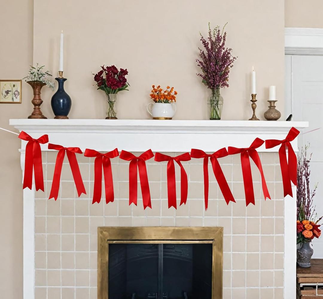 Red Bow Garland Banner for Bachelorette Decorations, Coquette Birthday Wall Decor, Bow Party Decor Banner for Bridal Shower, Wedding Favors, Party Supplies, Engagement Supplies (Hot Red)