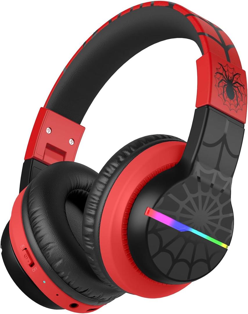 iClever BTH12 Kids Bluetooth Headphones,Colorful LED Lights,74/85dBA Safe Volume,85H Playtime,Fast Charging,Bluetooth 5.2,Over Ear Kids Headphones Wireles for iPad/Tablet/Airplane,Black/Red