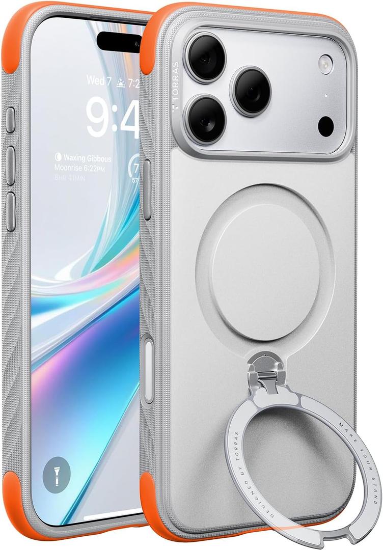 TORRAS Q3 Rugged for iPhone 17 Pro Max Case with 360 Magnetic Stand, [Tough 7X Mil-Grade Protection] Fit for MagSafe, [Anti-Slip Grippy Sides] Camera Control Button,Microfiber Lining, Sandstone Gray