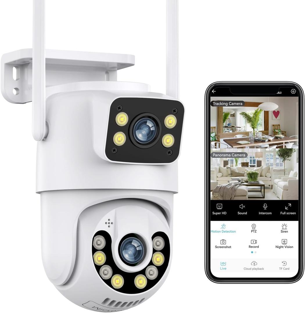 1080P PTZ Outdoor Security Camera, Dual Lens Linkage Wireless WiFi Cameras for Home Security, 360 View Auto Tracking Surveillance Camera with Human Detection, Color Night Vision, Two-Way Audio