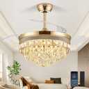 42 Inch Fandelier Ceiling Fan with Light, Chandelier Ceiling Fans with Lights, Crystal Ceiling Fans for Bedroom Living Room, LED Dimmable, 6 Wind Speed,3 Color Temperatures-Gold