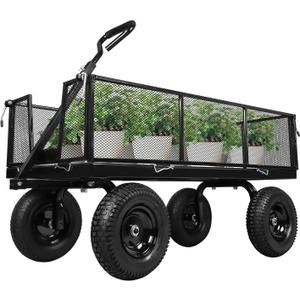 Taifa Heavy Duty Steel 1100 Lb Wagon Garden Carts with Removable Side Panels Turn Into Flatbed, All Terrain Utility Cart with 11.5" Tire, 180° Rotating Handle for Outdoor, Garden, Farm, Yard, Black