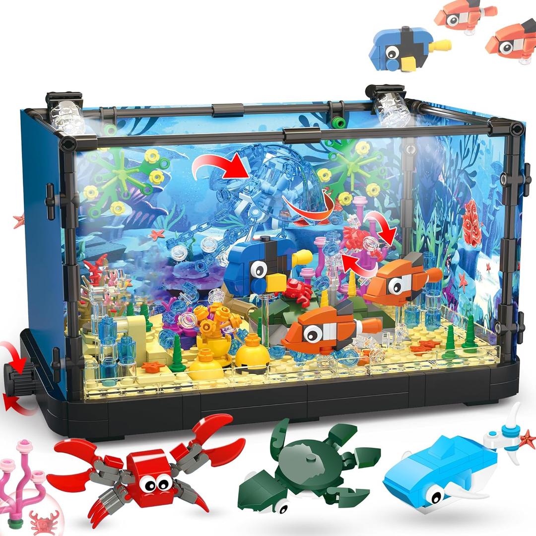 Jorumo Fish Tank Building Block, Lighting Aquarium Building Sets for Adults and Kids Including Ocean Jellyfish, Dolphin, Turtle, Crab, Animal Building Toys for Boys Age 12+, 725pcs
