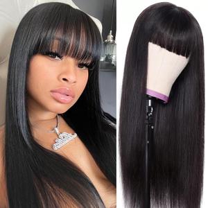 Lativ Straight Human Hair Wigs With Bangs Virgin Brazilian None Lace Front Human Hair Wigs 150% Density Glueless Machine Made Wigs For Black Women (18 Inch, Straight)