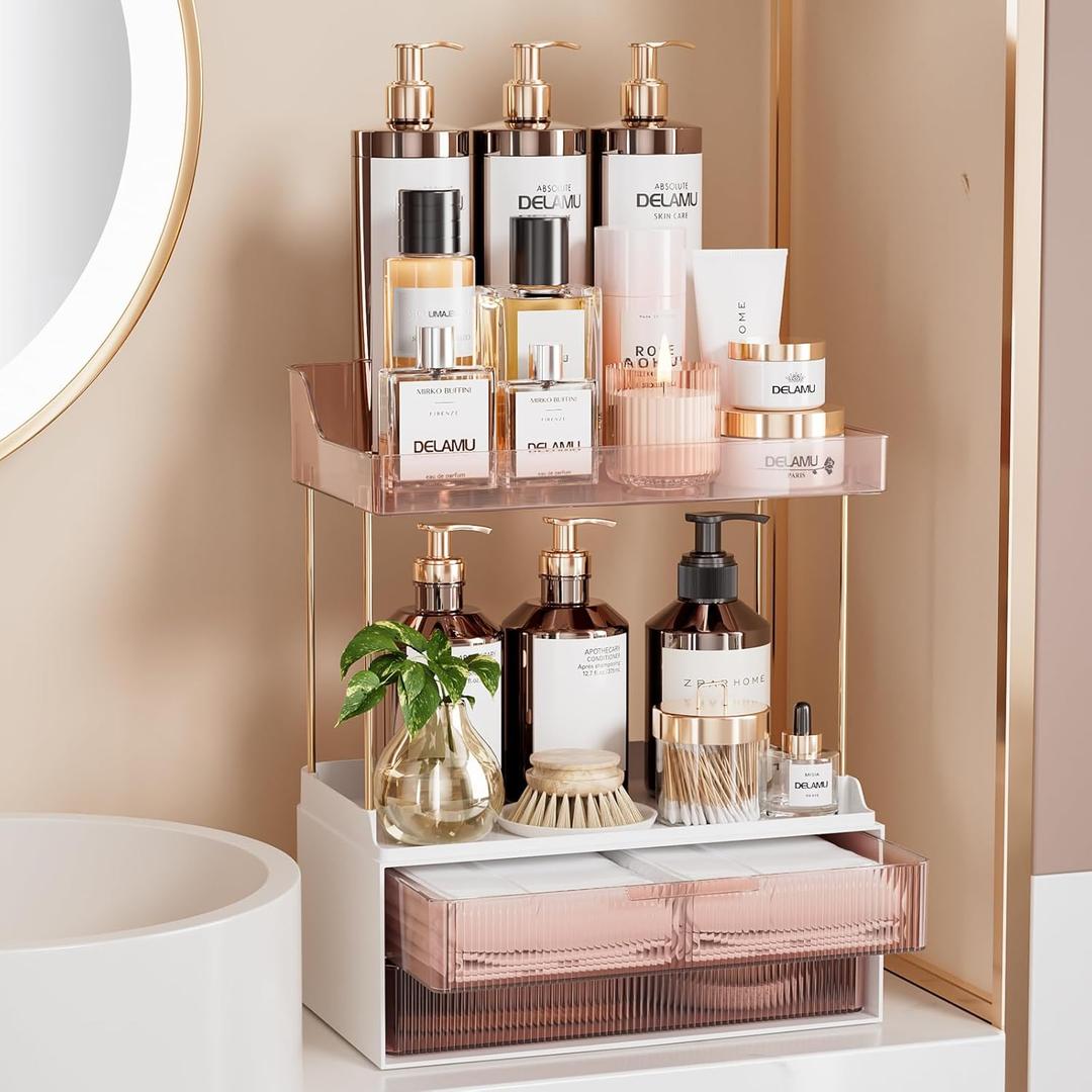 Delamu Bathroom Organizers and Storage, 2-Tier 2-Drawer Makeup Organizer Countertop, Easy to Install, Ideal for Bathroom Storage, Vanity, Large Skincare, Perfume, Present, and More, Grapefruit