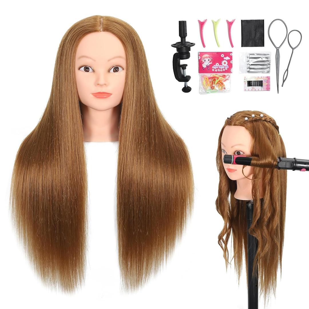 Mannequin Head with 80% Real Human Hair 26''-28"Cosmetology Mannequin Doll Head to Practice Hair Styles Hairdresser Practice Braiding Head(27# Light Brown)