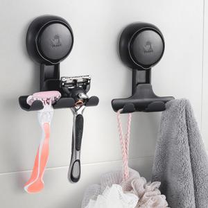 LEVERLOC Razor Holder for Shower 2 Pack, Powerful Vacuum Suction Cup Hook for Towel, Loofah, Razor, Squeegee, Damage-Free Wall Shower Hook, Shaver Holder for Bathroom, Easy to Install and Reuse, Black