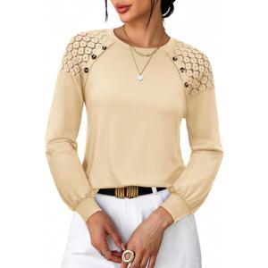 siliteelon Lace Long Sleeve Tops Dress Shirt Womens Crew Neck Loose Dressy Blouse Business Casual Work Summer 2026 Cream (Beige, XXL)