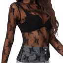 COOUFE Women's Long Sleeve Mesh Tops See Through Sheer Tee Shirts Mock Neck Floral Embroidery Tops for Layering Stripes Black M