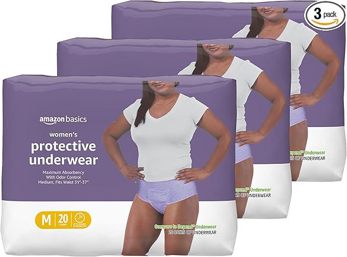 Amazon Basics Incontinence Underwear for Women, Protective, Disposable, Postpartum, Maximum Absorbency, Medium, Lavender, 60 Count (3 Packs of 20) Amazon Basics Incontinence Underwear for Women, Protective, Disposable, Postpartum, Maximum Absorbency, Medium, Lavender, 60 Count (3 Packs of 20)