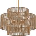 24 Boho Hand Woven Rattan Chandelier 3 Round Adjustable 4-Light Large Pendant Light for Kitchen Island Dining Room Living Room Hallway, Brass, UL Listed