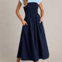 Wenrine Womens Casual Summer Midi Dress Smocked Cap Sleeve Crew Neck Color Block A Line Flowy Beach Dresses