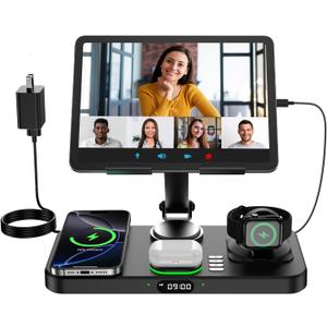 6 in 1 Wireless Charger for Apple Multiple Devices, Charging Station with Clock &7 Color Ambient Light, Foldable Rotate Stand for iPad, for iPhone16/15/14 Series, Support for Apple Watch10/9 AirPods4 (Black)