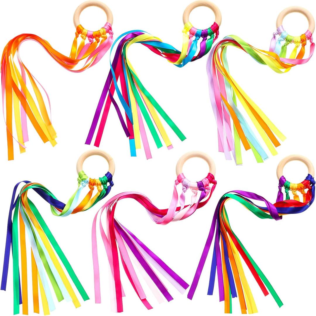Sumind 6 Pcs Rainbow Ribbon Hand Kites Wands for Kids Dancer Streamer String Toy Thrown Waldorf Wand with Wooden Ring Wand Learning Educational(Bright Colors)