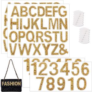 76 PCS Rhinestone Letter Stickers, 2.4 Inch Gold Glitter Alphabet Sticker with Sewing Kits, Self Adhesive A-Z & 0-9 Letter Number Stickers for DIY Arts and Crafts Decor, Clothes, Bags, Hats