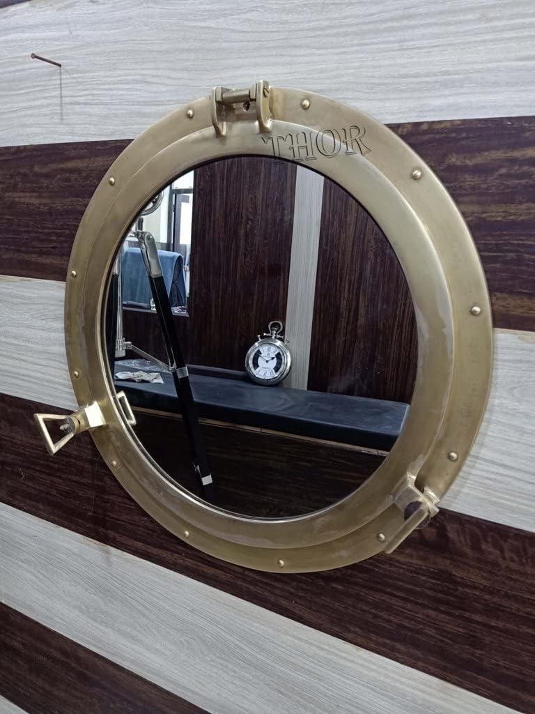 THOR INSTRUMENTS Vintage Style Antique Porthole Mirror Wall Hanging Nautical Porthole Mirror Window | Stylish Home & Wall Decor (12 Inches, Antique Brass) Rustic Vintage Home Decor Gifts