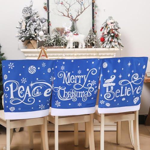 CCINEE 4pcs Christmas Chair Covers for Dining Rooms,Blue Holiday Chair Slipcovers for Kitchen Wedding Xmas Party Table Decor Winter Christmas Chair Back Covers : Home & Kitchen
