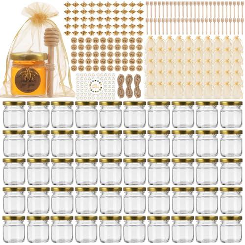 TOEKSIX 48 Pack 1.5 oz Round Mini Honey Jars with Gold Lids,Dipper, Stickers and Tags,Round Small Glass Jars for Baby Shower Favors/Wedding Favors/Party Favors,Mini Canning Jars for Candle,Spices,Jam