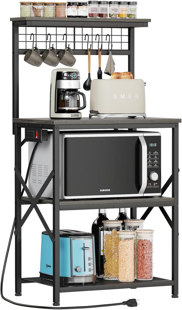 Furologee Kitchen Bakers Rack with Power Outlet, Coffee Bar Station with Storage 4 Tiers, Microwave Oven Stand with 6 S Hooks, Kitchen Storage Shelves Rack for Spices, Pots, Black Oak (Black Oak)