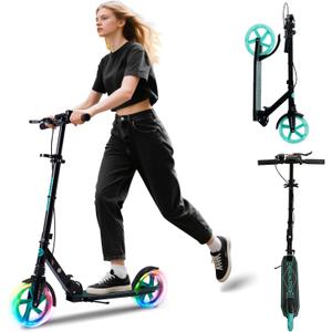 Kick Scooter for Kids Ages 8+ Teens & Adults, with Front handbrake and Rear Brake, and Adjustable Handlebars, Big Sturdy PU Flash Wheels Great Gift & Toy (Black)