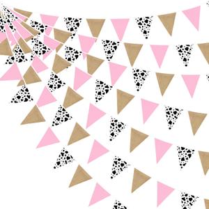 32Ft Western Cowgirl Party Decorations Burlap Pink Cow Triangle Flag Fabric Banner Pennant Garland Streamer for Western Cowgirls Birthday Baby Shower Derby Day Farm Animals Wild Party Decor Supplies
