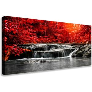 HUADAOART Large Red Waterfall Canvas Wall Art Flat Print Waterproof Fade-Resistant on Framed Canvas, Modern Landscape for Living Room Bedroom 30 x 58 Inch 1PCS, 45