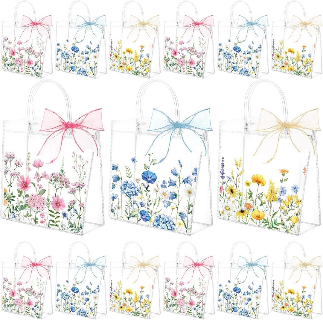 SilTriangle 30 Pcs Wildflower Gift Bags with Handle 7.8 x 7.8 x 3.1'' Clear PVC Spring Gift Bags with Bow Ribbon Reusable Floral Plastic Goodie Tote Bag for Bridal Baby Shower Birthday Tea Party Favor