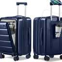 Expandable 20Inch Carry On Luggage Airline Approved - Front Pocket Travel Suitcase 100% PC Unbreakable -with Cup Holder,USB Charge,Side Pothook, 360°Spinner Wheels, TSA Lock-Navy Blue, 20 Inch-EXT
