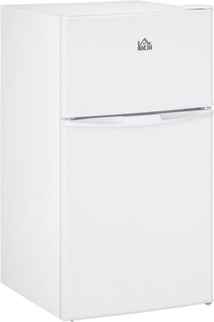 HOMCOM 3.2 Cu.Ft Mini Fridge with Freezer, Double Door Compact Refrigerator with Adjustable Thermostat, Shelf and Reversible Door for Bedroom, Dorm, Home Office, Energy Efficient, White
