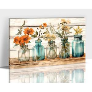 Hzddty Farmhouse Bathroom Wall Decor Teal Vintage Floral Vase Canvas Print Picture for Country Bathroom Decor, Flower Picture Artwork for Walls Home Decor 18x24 Inches