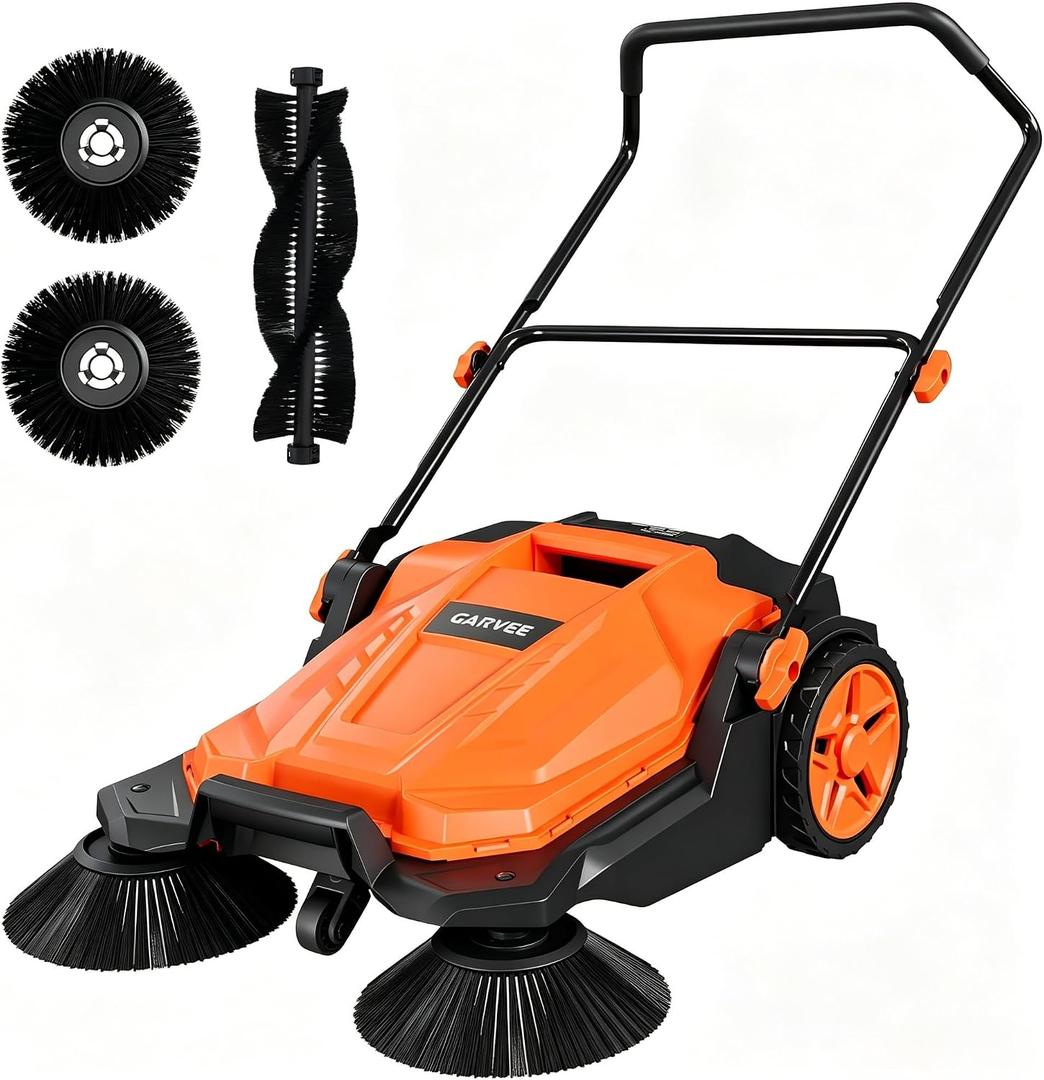 Walk-Behind Floor Sweeper, 25.6 in Sweeping Width, Outdoor Hand Push Sweeper, 5 Gallon Waste Container, Adjustable Folding Handle for Garage Patio Yard Driveway | Outdoor Hand Push Sweeper, 5 Gallon Waste Container, Adjustable Folding Handle for Garage Patio Yard Driveway