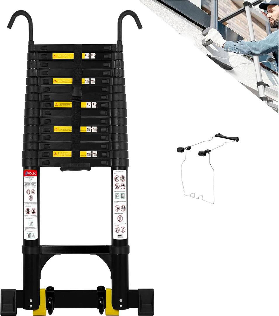 20.3 FT Telescoping Ladder with Stabilizers, Adjustable Multi-Purpose Collapsible Extension with Hooks & Wheels, Heavy Duty 330 lbs Max Capacity, Ideal for Home and Outdoor Work,Black