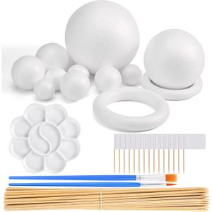 47PCS Solar System Model Foam Ball Kit Includes 10 Sizes Polystyrene Spheres Balls, Bamboo Sticks, Blank Toothpick Flags, Brushes, Paint Tray Palette for School Science Projects