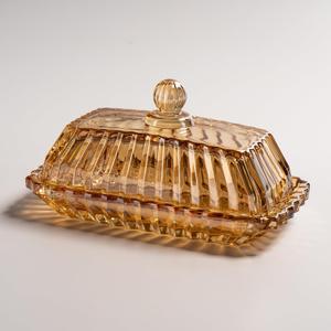 Champagne Color Glass Butter Dish with Lid, Covered Butter Stick Holder Tray, Crystal Glass Butter Storage Container for Fridge Kitchen Countertop