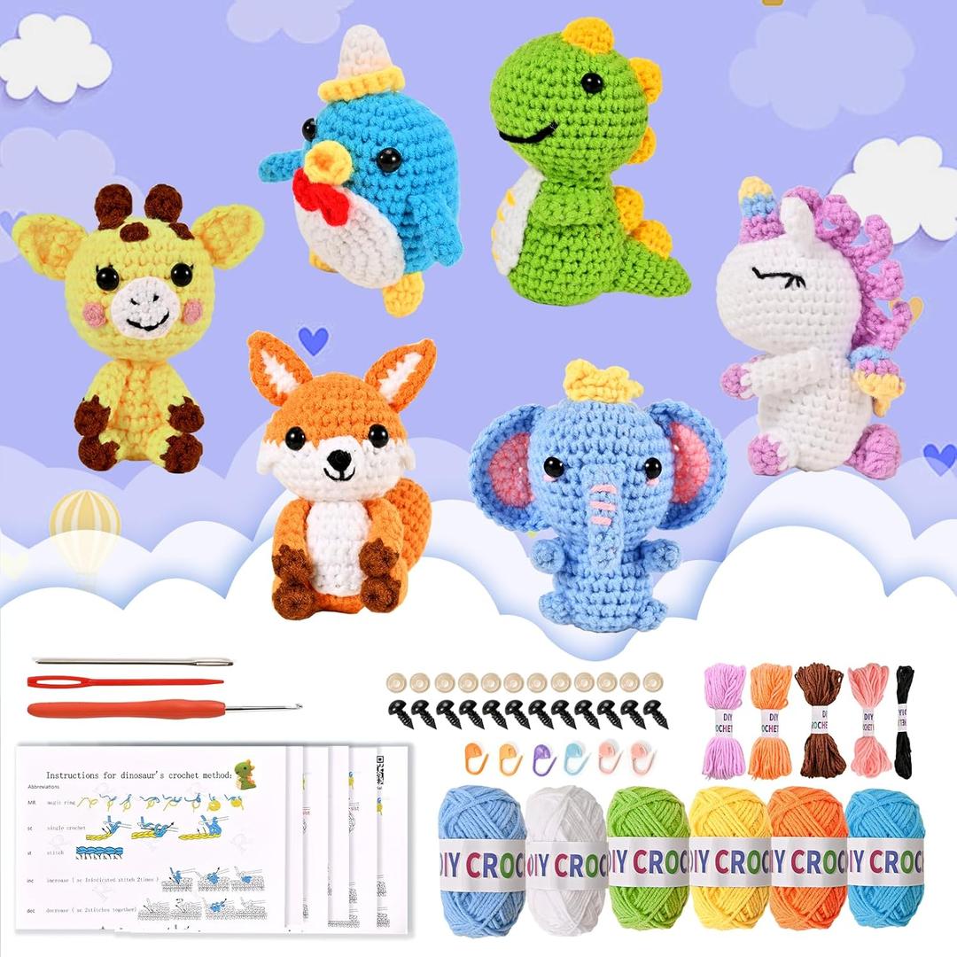 Wunila 6Pcs Crochet Kit for Beginners, DIY Craft for Adults, Great Gifts for Crochet Lovers, Crocheting Animals Kits with Step by Step Videos, Yarn, Crochet Hook, Birthday Gift, Holiday Gift (Set-01)