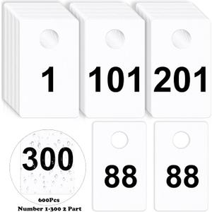 600Pcs Number Tags Plastic Check Tags 2 Part 1.5x2.5inch Coat Check Tickets 10mil Number Cards 1 to 300 with Hole Reusable Coat Room Tags Claim Ticket for Closet Organization Raffle Draws White