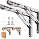 Folding Shelf Brackets 10 inch 2 Pcs - Heavy Duty Stainless Steel DIY Wall Mounted Collapsible Shelf Bracket, Space Saving for Garage Workstation, Stuff Supports, Table, Workbench